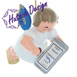 Herzengel schwebend mit Krankenakte, blaue Flügel