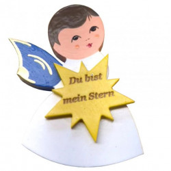 Magnetpin Engel mit Stern, Flügel blau, mit Spruch