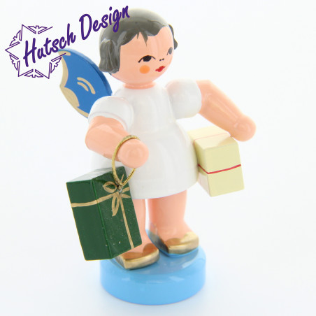 Engel stehend mit 2 Geschenken, blaue Flügel