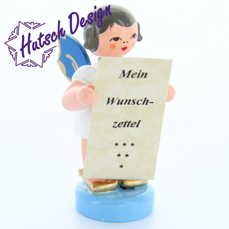 Engel stehend mit Wunschzettel, blaue Flügel