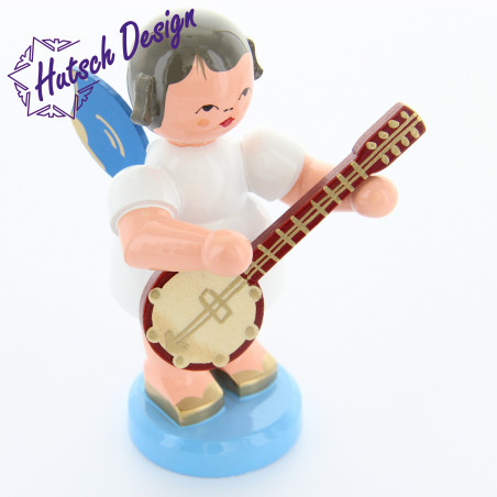 Engel stehend groß mit Banjo, blaue Flügel