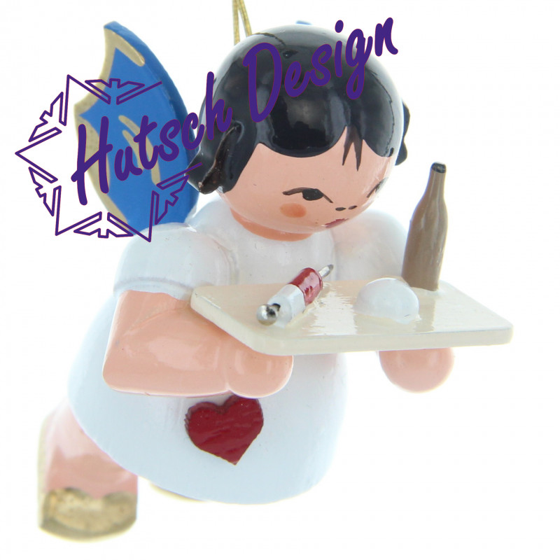 Herzengel schwebend mit Spritze, blaue Flügel