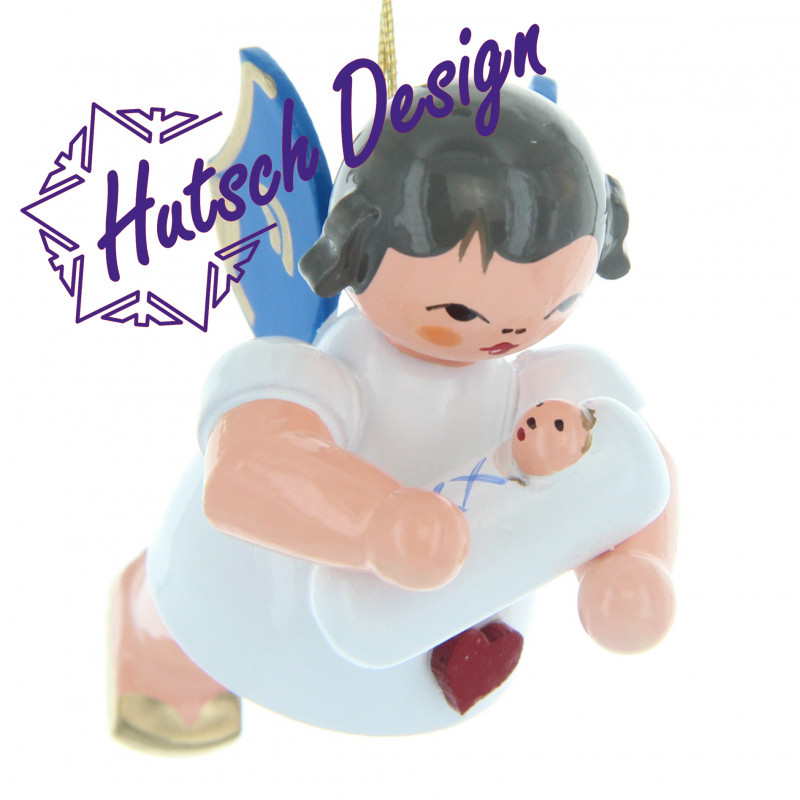 Herzengel schwebend mit Baby Junge, blaue Flügel