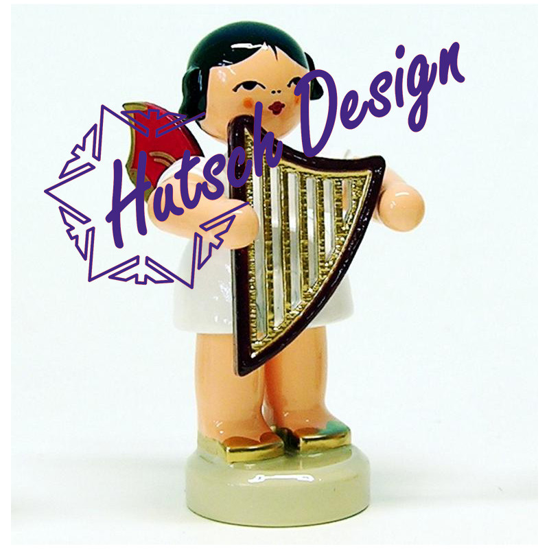 Engel stehend mit Handharfe, rote Flügel