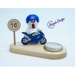 Kerzenhalter Biker weiß mit blauem Bike & Schild 8cm