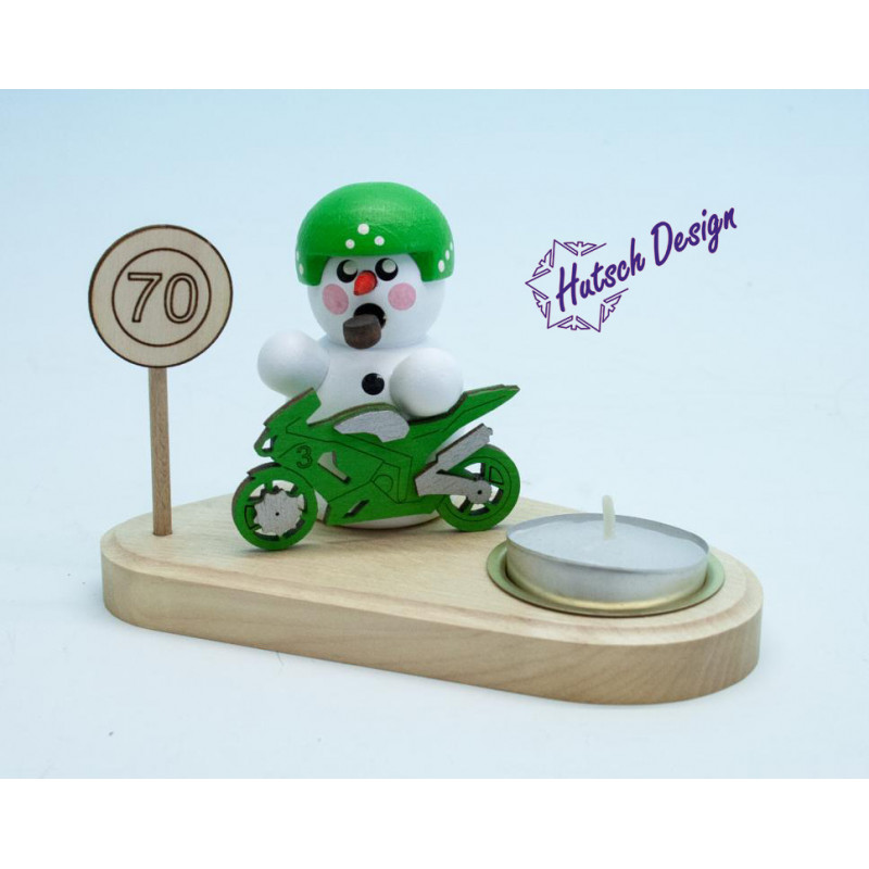 Kerzenhalter Biker weiß mit grünem Bike & Schild 8cm