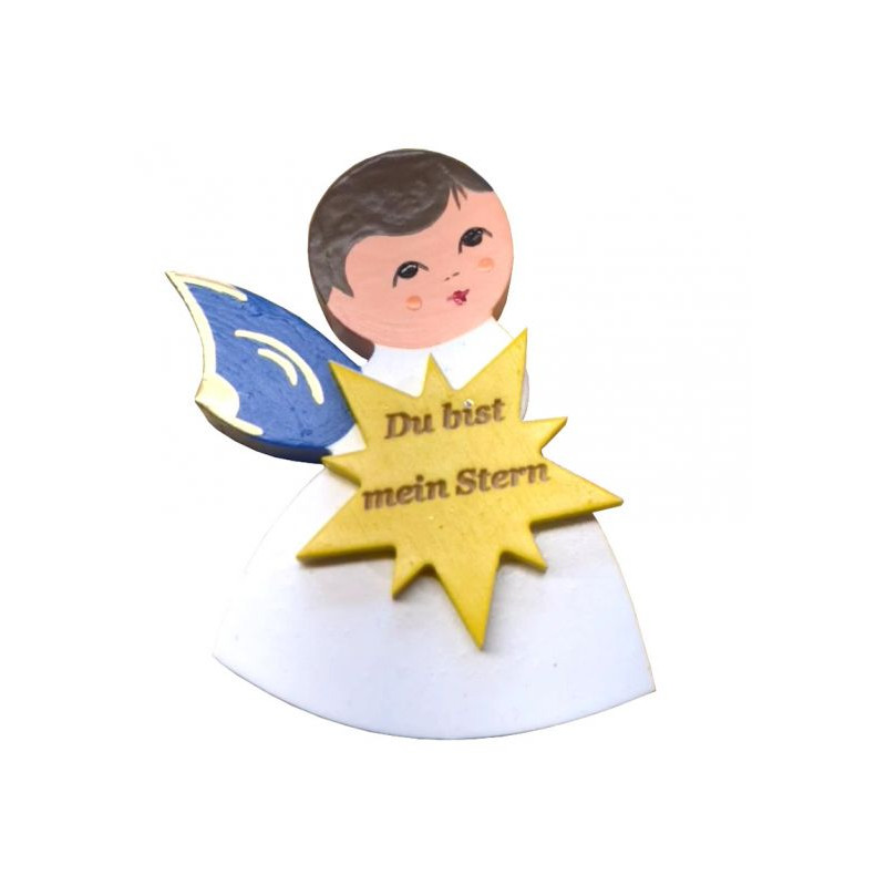 Magnetpin Engel mit Stern, Flügel blau, lasiert und handbemalt, Text: "Du bist mein Stern"