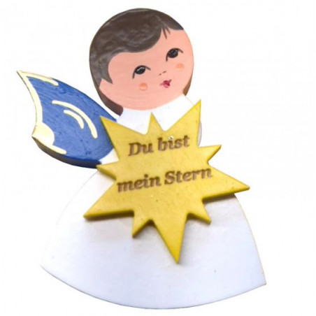 Magnetpin Engel mit Stern, Flügel blau, mit Spruch