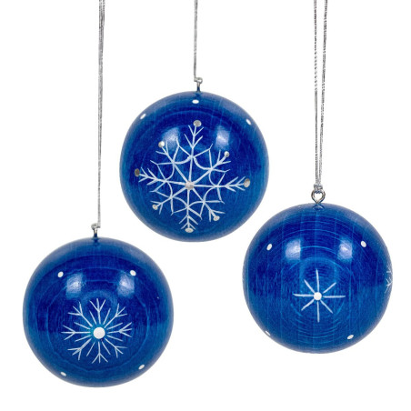 Weihnachtskugeln blau mit Kristallen, 3 Stück 40mm, handbemalt