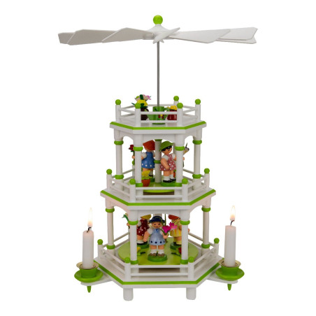 Pyramide 3 Etagen weiß / grün, 35 cm, Blumenmädchen mit Handsträusschen und Blumentöpfchen