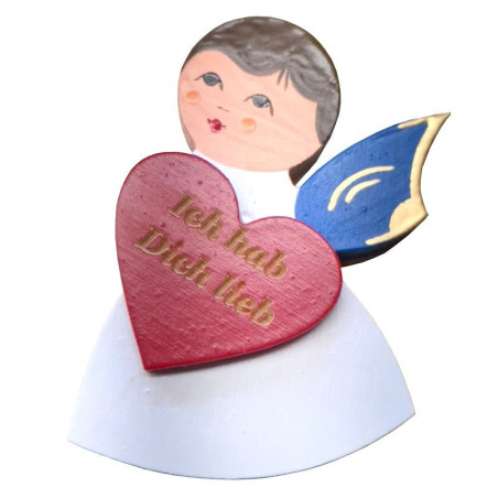 Magnetpin Engel mit Herz, Flügel blau, lasiert und handbemalt, Text: "Ich hab Dich lieb"