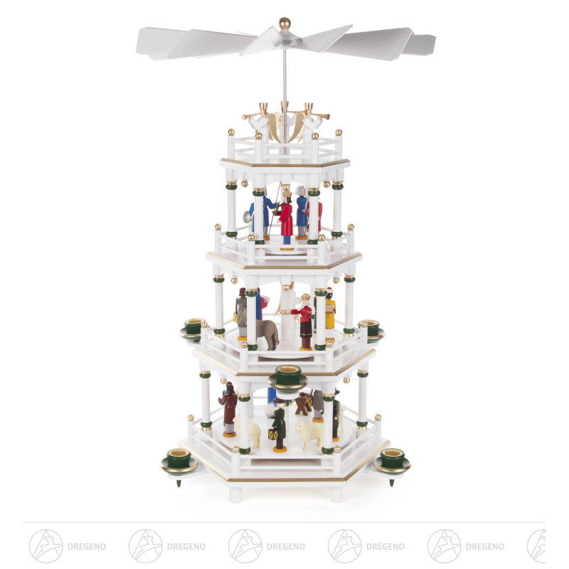 Pyramide mit Christi Geburt weiß, 3-stöckig, für Kerzen d14mm