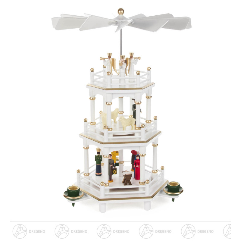 Pyramide mit Christi Geburt weiß, 2-stöckig, für Kerzen d14mm