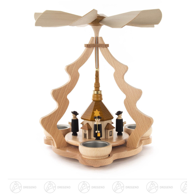 Pyramide mit Seiffener Kirche und Kurrende, für Teelichte