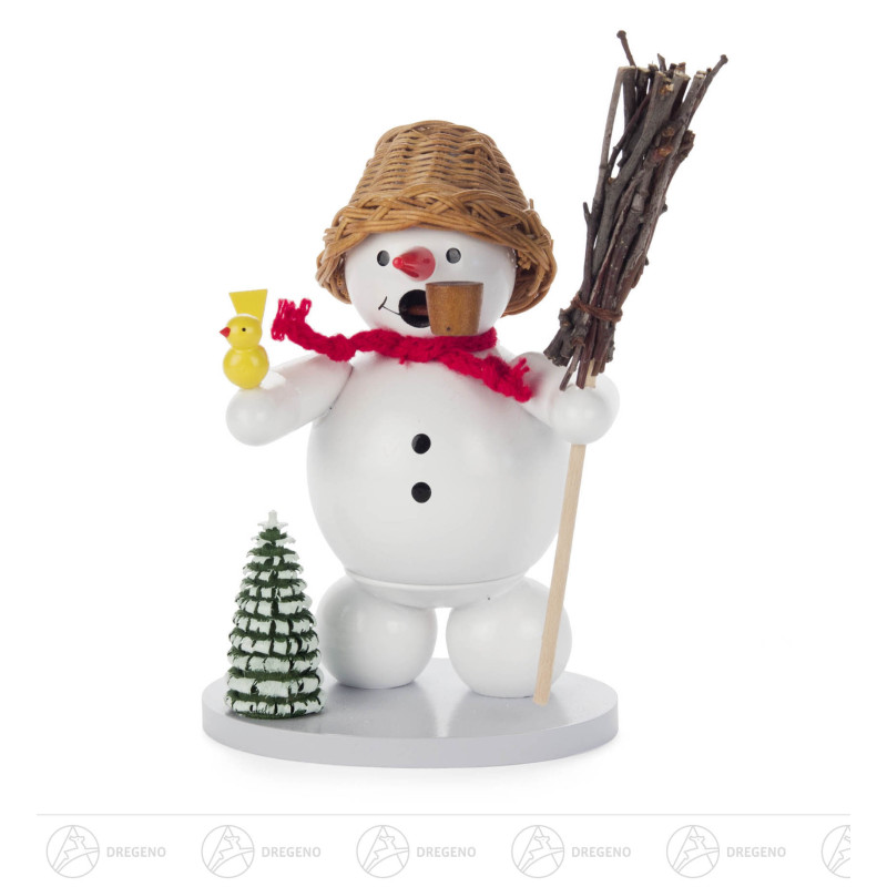 Räuchermann Schneemann mit Korbhut, Baum und Vogel