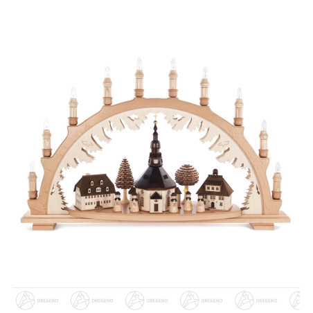 Schwibbogen Seiffener Dorf und Kurrende elektrisch beleuchtet,innenbel. Gebäude und innenbeleuchteter Bogen