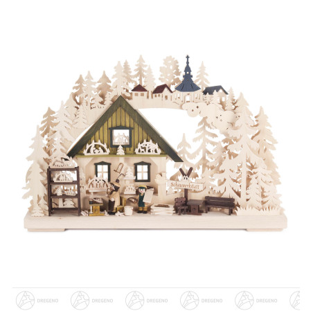 Schwibbogen Schauwerkstatt mit Schwibbogenherstellern, indirekt elektrisch beleuchtet