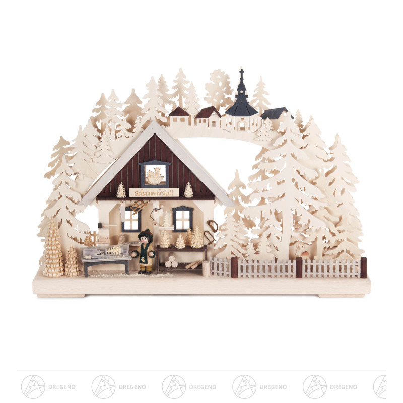 Schwibbogen Schauwerkstatt mit Drechsler, indirekt elektrisch beleuchtet