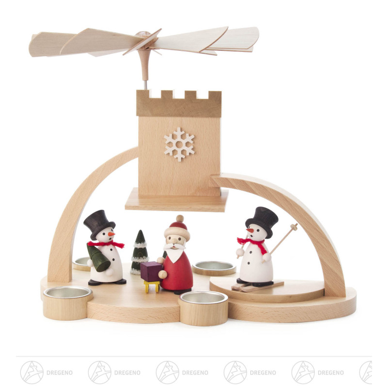 Weihnachtspyramide mit Schneemännern und Weihnachtsmann, ohne Laufscheibe, für Teelichte