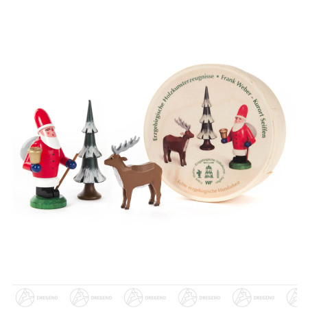 Weihnachtsmann, Baum und Hirsch in der Spandose
