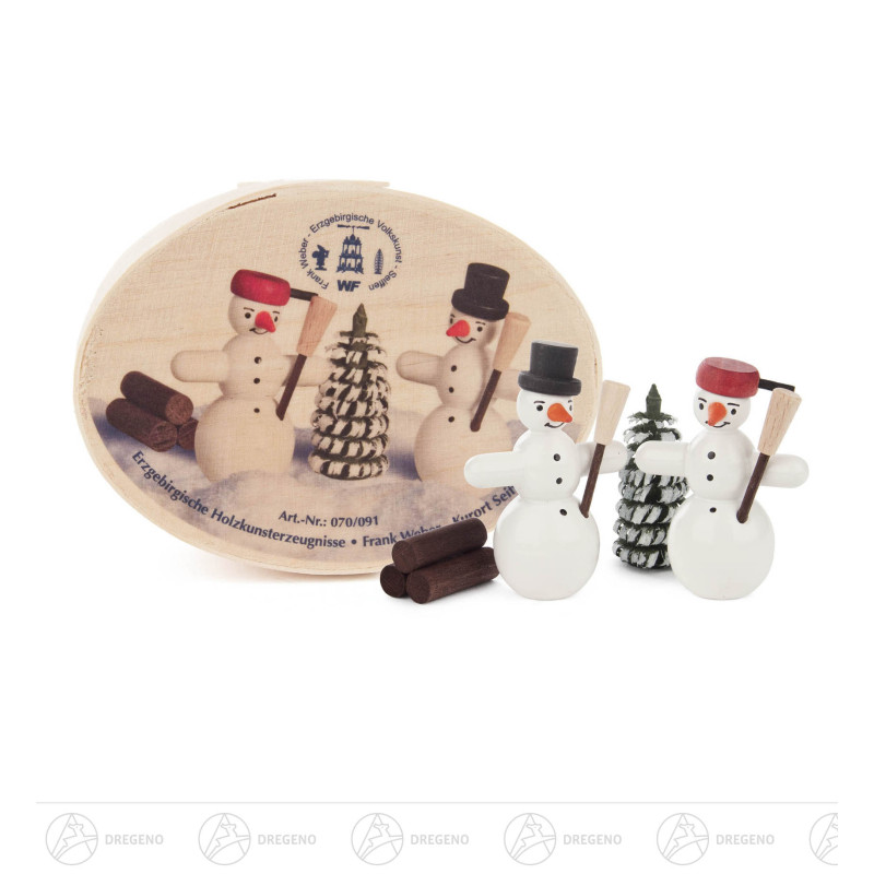 Spandose mit 2 Schneemännern, Bäumchen und Holzstoß
