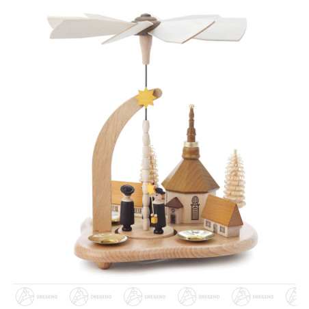 Pyramide mit Seiffener Kirche und Kurrende, für Kerzen d14mm