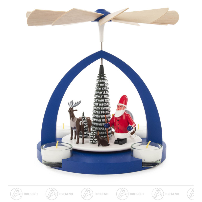 Pyramide mit Weihnachtsmann und Waldtieren, blau,  für Teelichte