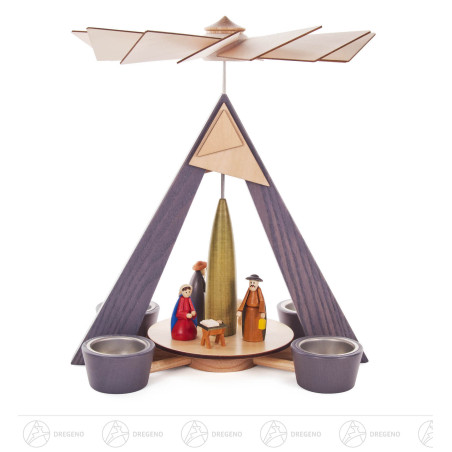Pyramide mit Christi Geburt, grau mit farbig lasierten Figuren, für Teelichte