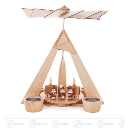 Pyramide mit Seiffener Dorf und Kurrende natur, für Teelichte