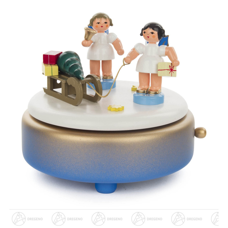 Spieldose blau/weiß/gold 2 Engel & Geschenkeschlitten,Flügel blau Melodie: Leise rieselt der Schnee