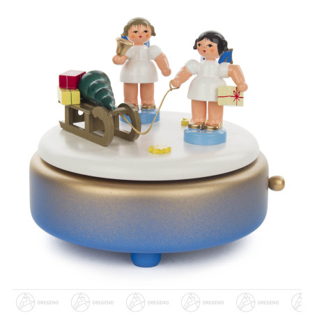 Spieldose blau/weiß/gold 2 Engel & Geschenkeschlitten,Flügel blau Melodie: Leise rieselt der Schnee