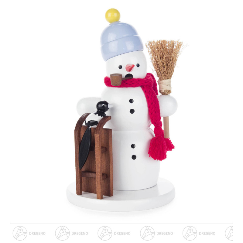 Räuchermann Schneemann mit Schlitten und Elster 17cm