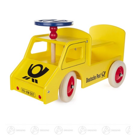 Postauto-Rutscher mit Lenkung, gelb lackiert mit Aufdruck u.Kunststoffrädern