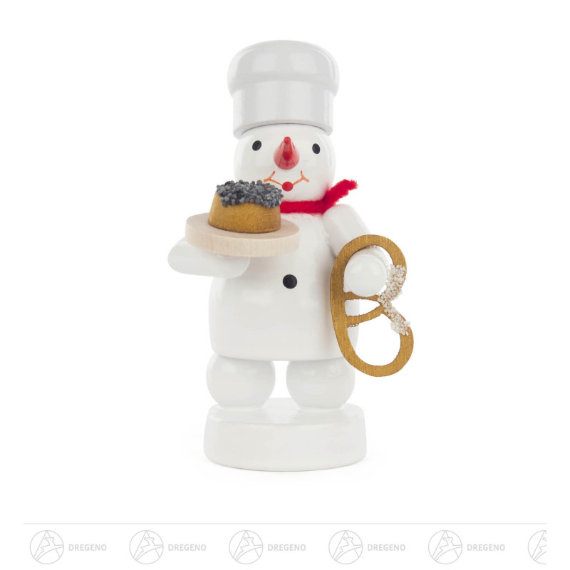 Schneemann Bäcker mit Kuchen und Brezel 8cm