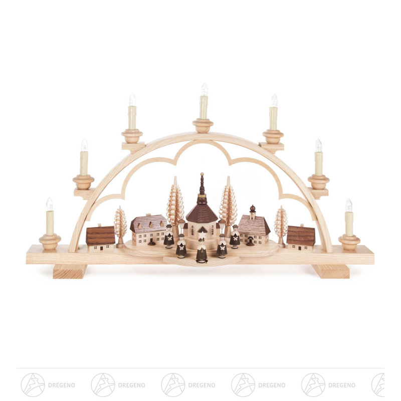 Schwibbogen mit Seiffener Dorf und Kurrende, elektrisch beleuchtet, innenbeleuchtete Gebäude 36 x64