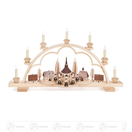 Schwibbogen mit Seiffener Dorf und Kurrende, elektrisch beleuchtet, innenbeleuchtete Gebäude 36 x64