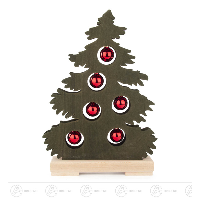 Tanne klein,grün gebeizt,rote Kugeln mit 10er LED-Lichterkette (USB) 33x23cm