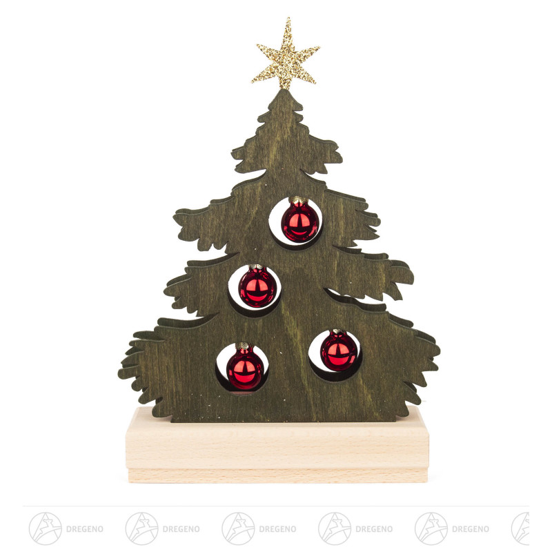 Mini-Tanne grün gebeizt,rote Kugeln mit LED-Strip Beleuchtung (Halb-USB) 23x17cm