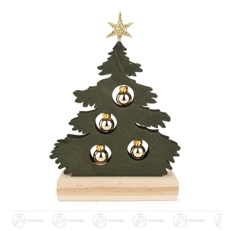 Mini-Tanne grün gebeizt,goldene Kugeln mit LED-Strip Beleuchtung (Halb-USB) 23x17cm