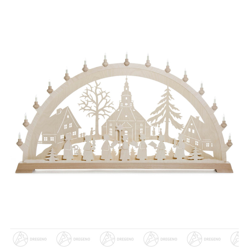 Schwibbogen mit Seiffener Dorf und Kurrende, elektrisch beleuchtet