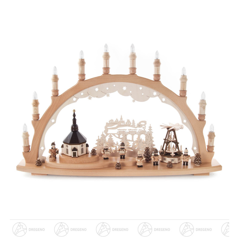 Schwibbogen mit Seiffener Kirche und Weihnachtsmarkt, elektrisch beleuchtet, mit Innenbeleuchtung 43x66cm