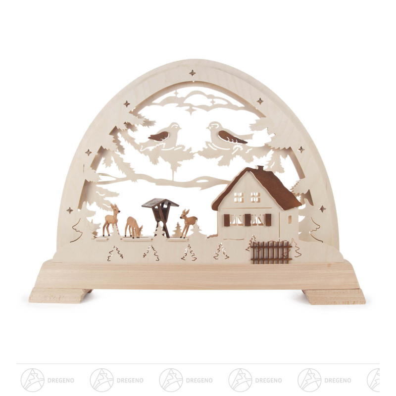 Rundbogen mit Rehen und Futterkrippe elektr.Beleuchtung / LED Band 36x49cm