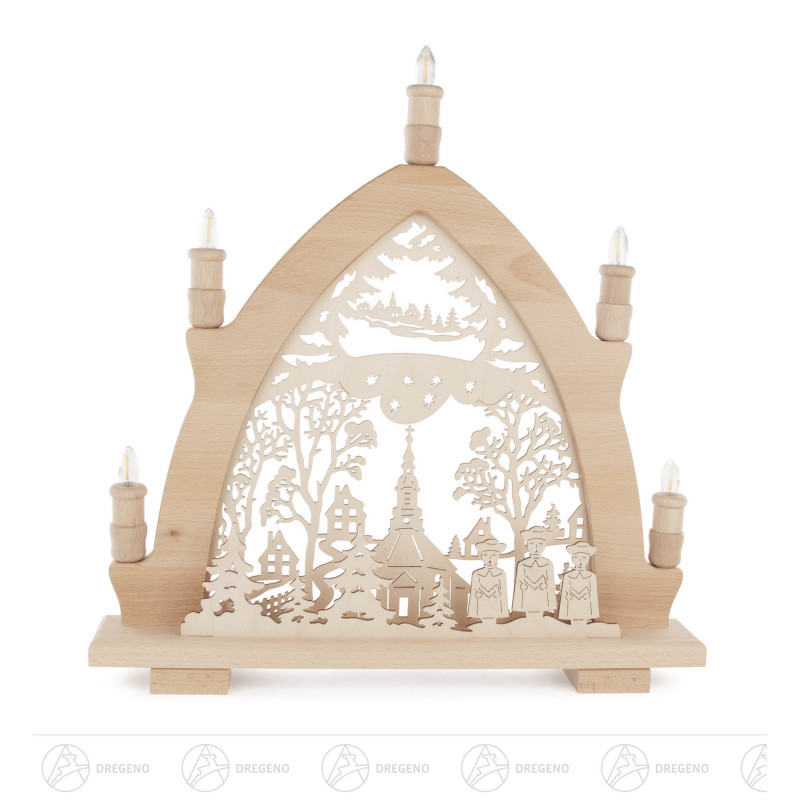 LED-Leuchterbogen Seiffener Kirche mit Innenbeleuchtung im Sockel 42x43cm