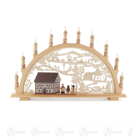 Schwibbogen mit Winterkindern Fachwerkhaus LED-Beleuchtung 41x66cm