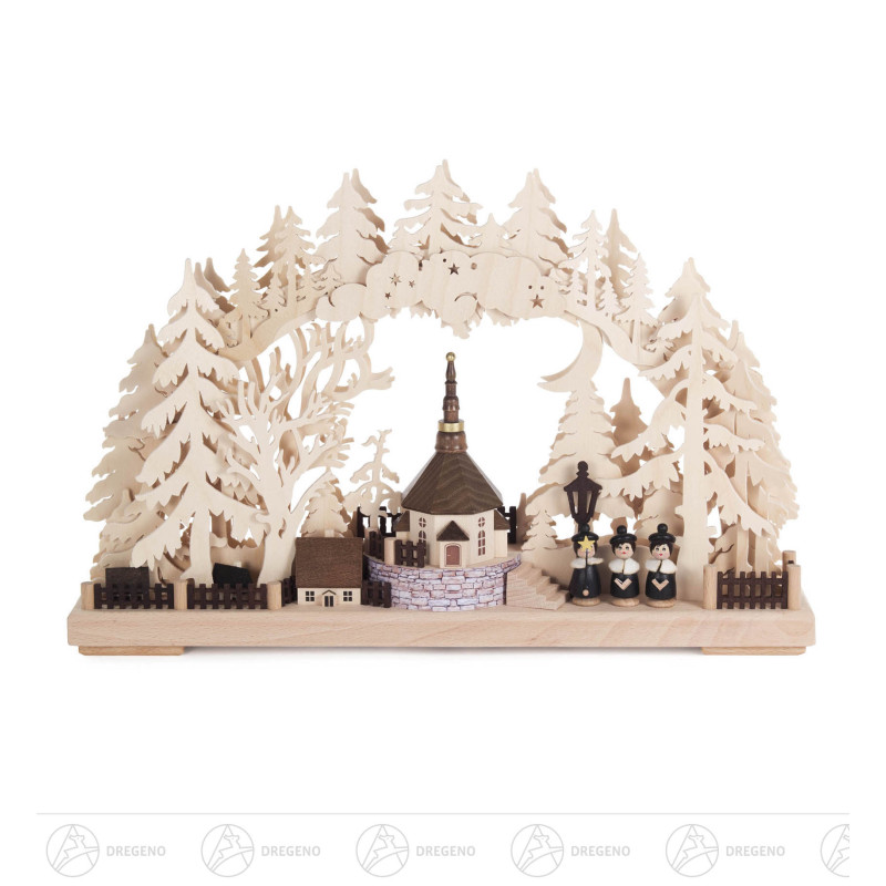 Schwibbogen Dorfkirche klein, indirekt elektrisch beleuchtet 29x43cm