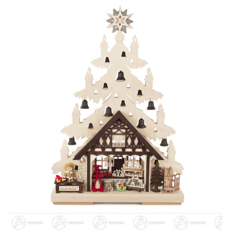 Schwibbogen Tanne Geschenkelädle klein mit LED-Beleuchtung 45x32cm