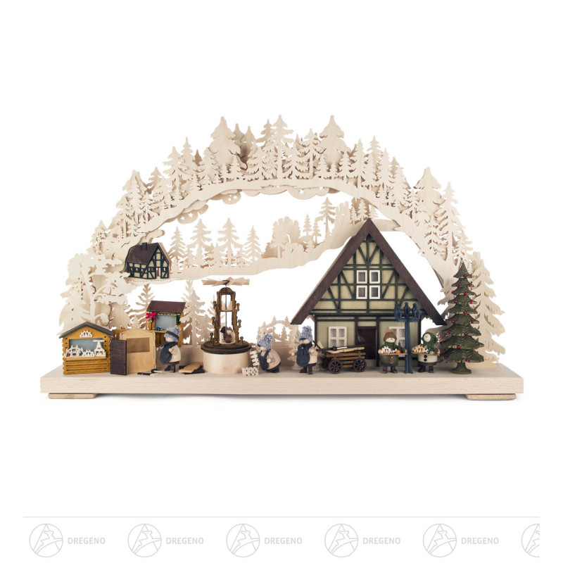 Schwibbogen Weihnachtsmarktbau groß, indirekt elektrisch beleuchtet 43x72cm