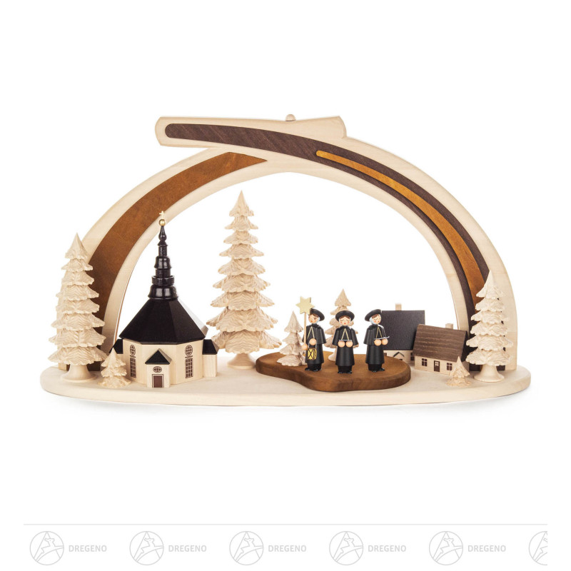 Massivholzbogen Seiffener Kirche mit Kurrende und LED-Beleuchtung (Trafo: 100...240V) 30x45cm