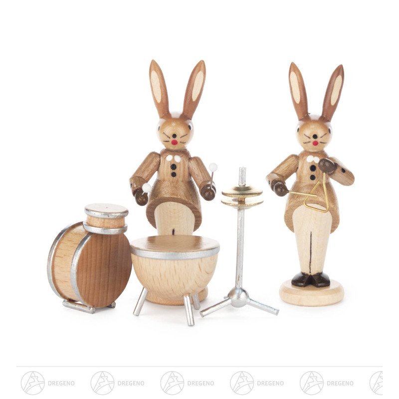 Hasenpaar mit Schlagzeug und Triangel, natur 8cm