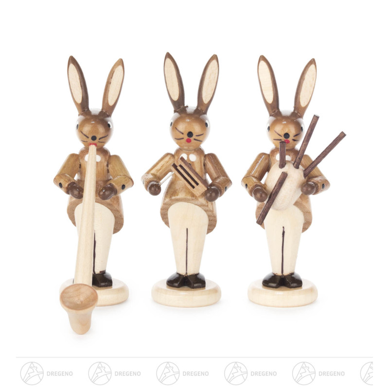 Hasentrio mit Alphorn, Dudelsack und Rassel, natur 8cm